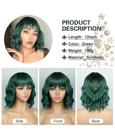 Noomby Dark Green Ombre Wavy Wig with Bangs - Synthetic Shoulder Length Green Wig for Women - Ideal for Daily or Party Use - Buy Online on GoSupps.com