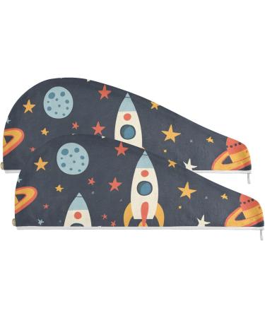 Rocket Planet Spaceship Hair Towel 2 Pack | Super Absorbent Quick Dry Hair Turbans for Women & Girls - Buy Online on GoSupps.com