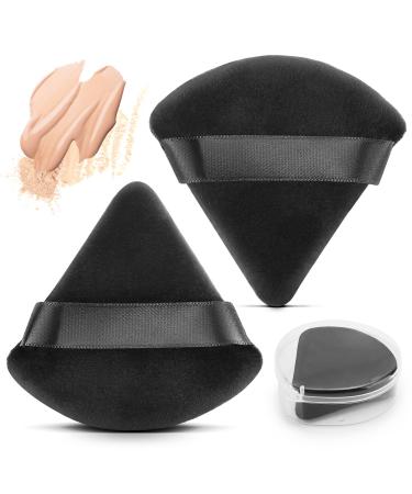 Hiyotec Powder Puff Triangle Makeup Puff for Face Soft Velour Powder Puffs for Loose Setting Powder 2 Pieces Puffs with Case Under Eye Foundation Blender Wedge Beauty Makeup Tools (Black)