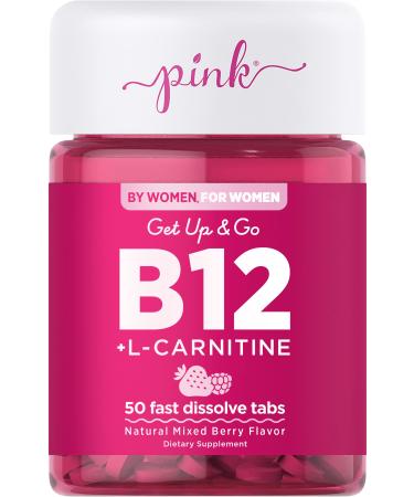PINK B12 Vitamins | 5000mcg | 50 Fast Dissolve Tablets | Vegan Non-GMO & Gluten Free Supplement | Berry Flavor | Plus L Carnitine