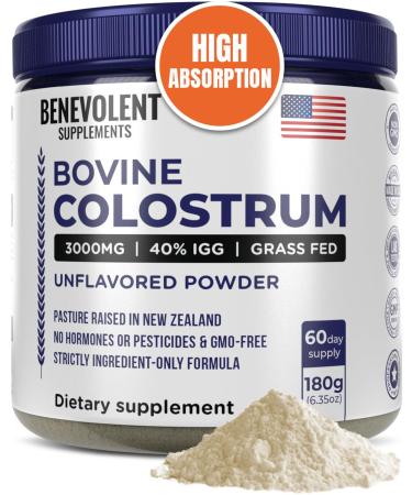 Bovine Colostrum Powder Supplement (3000mg + 40% IgG + No Fillers) Supports Gut & Digestive Health Muscle Recovery & Growth Immune Support - Unflavored & Easy to Mix - Grass Fed - 60 servings 6.35 Ounce (Pack of 1)