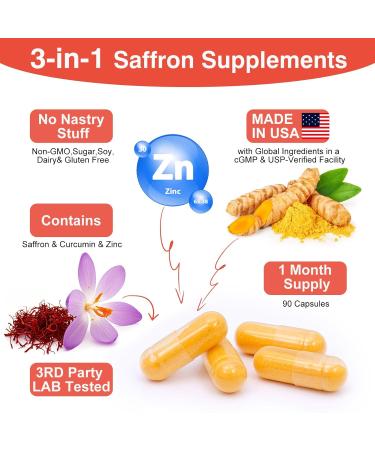 Super Saffron Supplements for a Happy Mind & Body - with Pure Optimized Organic Saffron Extract 30mg, Curcumin & Zinc - Vegan Non-GMO Pills Support Focus, Mood, Eye Health for Women & Men 90 Capsules - Buy Online on GoSupps.com
