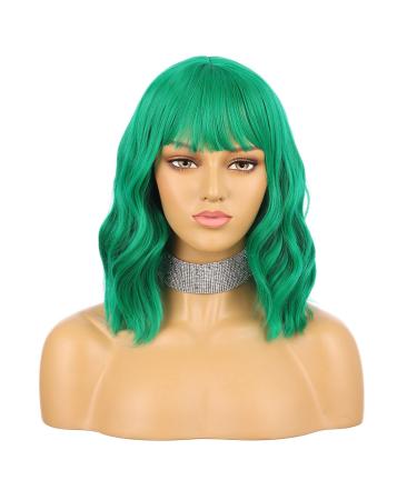 eNilecor Green Wig, Colored Green Bob Wigs for Women, Short Curly Wavy Wig with Bangs, Shoulder Length Natural Looking Heat Resistant Synthetic Wigs for Party, Cosplay, Fun, Daily Wear
