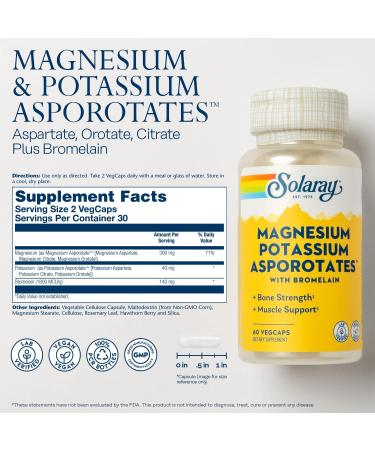 Solaray Magnesium and Potassium Asporotates with Bromelain - 60 VegCaps | Electrolyte Muscle, Heart, and Cellular Support - Buy Online on GoSupps.com