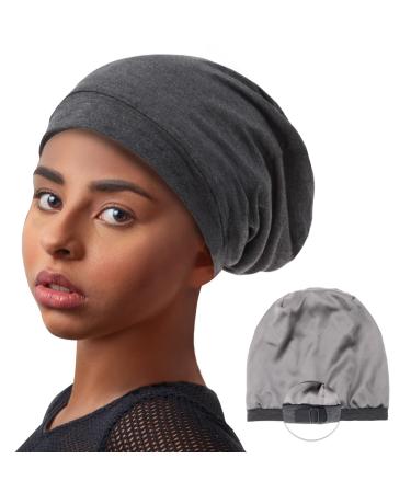 Silk Satin Lined Bonnet Sleep Cap  Adjustable Stay on All Night Hair Wrap Slouchy Beanie for Curly Hair Care of Women and Men - Dark Grey