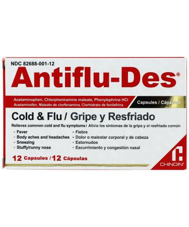 ANTIFLU-DES Cold and Flu Symptoms Relief Fever Reducer 12 Caps Box