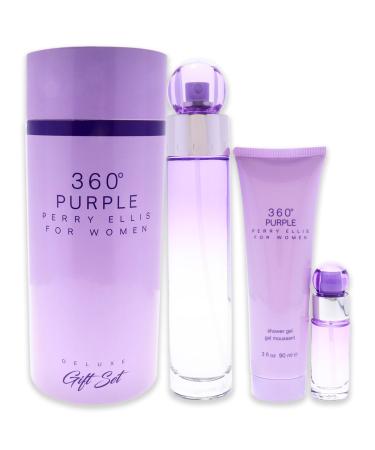 Perry Ellis 360 Purple Gift Set - 3.4 fl oz eau de parfum 3 oz shower gel 25 fl oz travel spray - blackberry peach pink apple tuberose muguet rose jasmine mimosa sandalwood oak moss musk