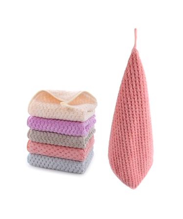 Onlup Hanging Hand Towels,Hand Dry Towels for Kitchen & Bathroom, Super Absorbent Soft Small Hanging Towel Set with Hanging Loop, Machine Washable Towel Fast Drying, Set of 5 Beige, Pink, Purple, Gray, Blue