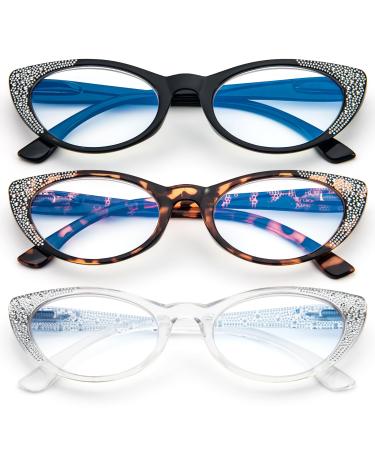 3 Pack Reading Glasses for Women Blue Light Blocking Eyeglasses Fashion Designer Computer Readers Spring Hinges Black/Tortoise/Milky White 2.0 x