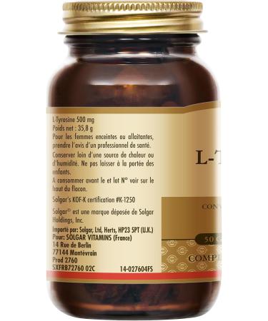 Solgar L-Tyrosine 500mg - Amino Acid - High Quality - Nervous System - Food Supplement - Bottle of 50 Vegetable Capsules - Buy Online on GoSupps.com