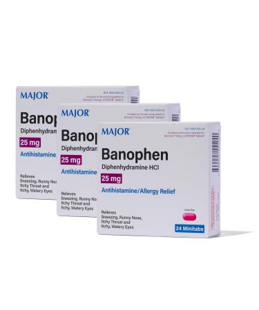 MAJOR Banophen Diphenhydramine HCI 25 mg Minitabs - Temporary Relief from The Symptoms of Hay Fever and Upper Respiratory Allergies - Antihistamine - Allergy Medicine - 24 Count (3 Pack)