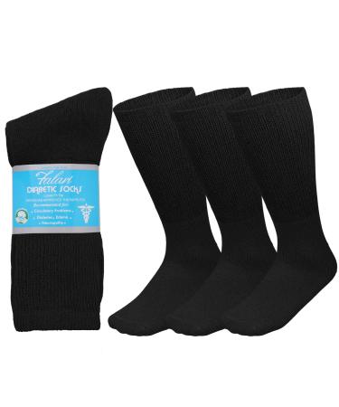 Falari 3-Pack Physicians Approved Diabetic Socks Cotton Non-Binding Loose Fit Top Help Blood Circulation 10-13 Crew Length - Black