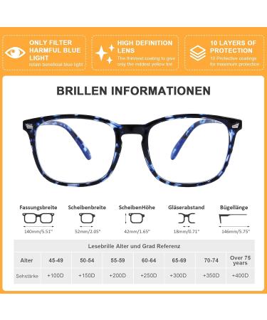 DOOViC Blue Light Filter Reading Glasses - Prescription Square Frame Large Lenses 024 Blue Tortoiseshell 2.25x - Optimize Eye Comfort with Stylish Vision - Buy Online on GoSupps.com