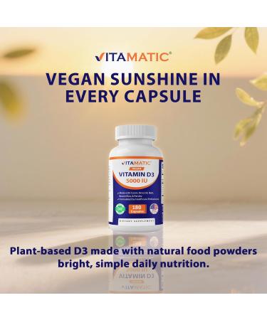 Vitamatic Vegan Vitamin D3 5000 IU | Plant Based Vitamin D from Lichen | Made with Carrot Beet Broccoli Brown Rice & Parsley | 180 Capsules | Non-GMO Gluten-Free | Made in USA - Buy Online on GoSupps.com