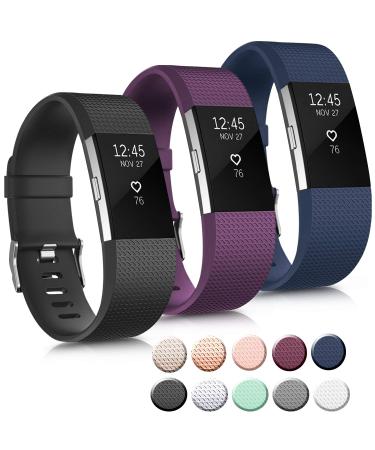 3 Pack Sport Bands Compatible with Fitbit Charge 2 Bands Women Men, Adjustable Replacement Strap Wristbands for Fitbit Charge 2 HR Small Large (Small, Black/Purple/Navy Blue) Small Black/Purple/Navy Blue