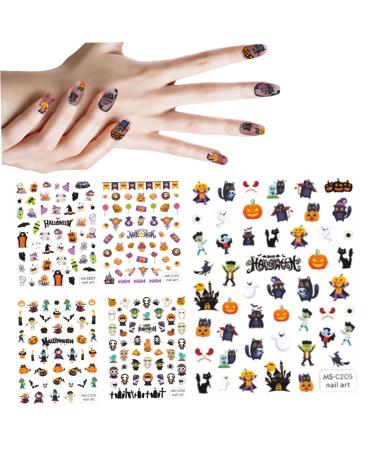 Halloween Nail Stickers 5PCS 3D Cartoon Skull Evil Goth Nail Stickers Self-Adhesive Halloween Nail Wraps Waterproof Halloween Decals for Nails
