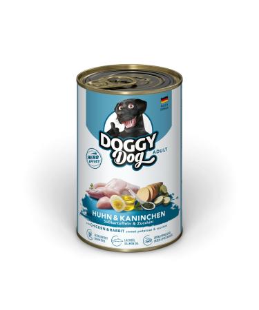 Doggy Dog Paté Pack of 6 cans of 400 g of wet food for dogs with chicken and rabbit without cereals with salmon oil and green-lipped mussel, complete food with sweet potato and