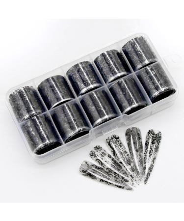 10 Rolls Retro Holographic Nail Foil Transfer Stickers - Black Lace Laser Foils for Nail Art | Starry Paper Designs & Floral Wraps - Buy Online on GoSupps.com