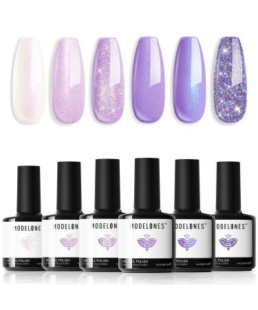Modelones Purple Glitter Gel Nail Polish 6 Colors Shimmer Violet Mermaid Gel Polish Cat Eye Sparkle gel nail Soak Off Led Summer Nail Gel Polish for Women Girl DIY Nail Art Gift Purple Gliiter