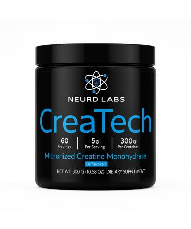 Neurd Labs CreaTech Micronized Creatine Monohydrate Powder 300g 60 Servings | 5g Per Scoop | Premium Purity Fast Absorbing | Unflavored Mixes Instantly | Made in USA | Non-GMO Gluten Free