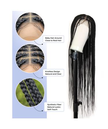 KRALER 36-Inch Full Lace Knotless Braided Wig for Black Women - Pre-Plucked Square Base Lace Front Wig with Baby Hair - Natural Black - Buy Online on GoSupps.com