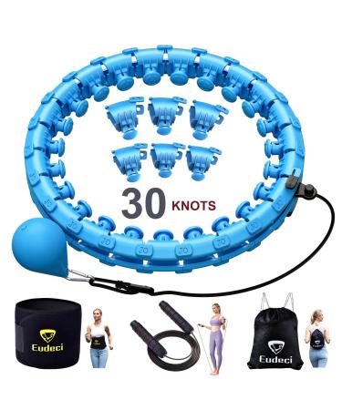 Eudeci Weighted Hula Fit Hoop for Adults Weight Loss,24-32 Original Large Detachable Knots Extra Large Smart Infinity Weighted Hoop with Premium Waist Trimmer and Resistance Bands or Skipping Rope Blue-XXL