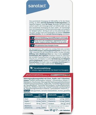 Sanotact Iron Complex - 6x100 Mini Tablets | 14mg Iron Copper Folic Acid Vitamin C | Vegan Supplement for Iron Deficiency & Blood Formation - Buy Online on GoSupps.com