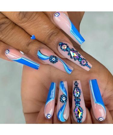 Runrayay Devil's Eye Press on Nails Long Art Nails Blue Acrylic Ballet-French with nail-strass design nail for women and girls