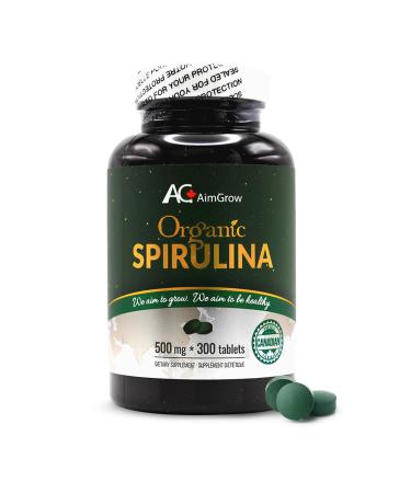 Aimgrow Organic Spirulina Tablets Nutrient-Rich Spirulina for Eye and Skin Health Canada Organic Non-GMO and Gluten-Free 500mg 300 Tablets
