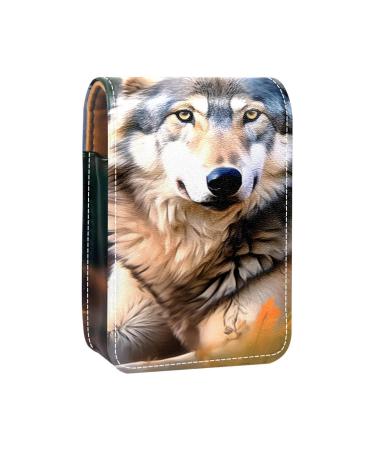 Travel Lipstick Organizer Case Lipstick Case Portable Makeup Bag With Mirror Animal Portrait Wolf B914l7uimz