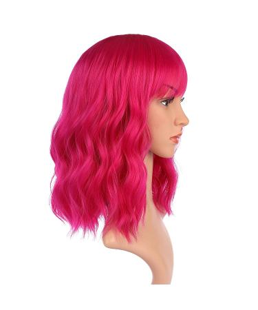 Queberty Pink Wig - Short Wavy Hot Pink Synthetic Wig for Women with Air Bangs | Natural Hair Cosplay Daily Party Use - Buy Online on GoSupps.com
