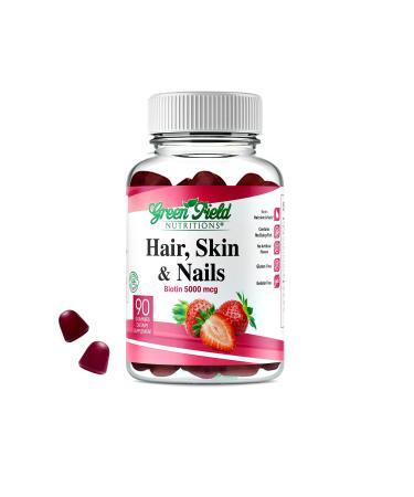 Greenfield Nutritions - Halal Biotin Gummies Vitamin for Hair Skin and Nails Supports Fat Metabolism Hair Growth Strong Nails & Clear Skin Gelatin Free Non-GMO and Gluten Free - 90 Gummies