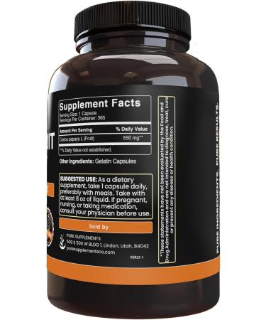 PURE ORIGINAL INGREDIENTS Papaya Extract (365 Capsules) No Magnesium Or Rice Fillers Always Pure Lab Verified 365 Count (Pack of 1) - Buy Online on GoSupps.com