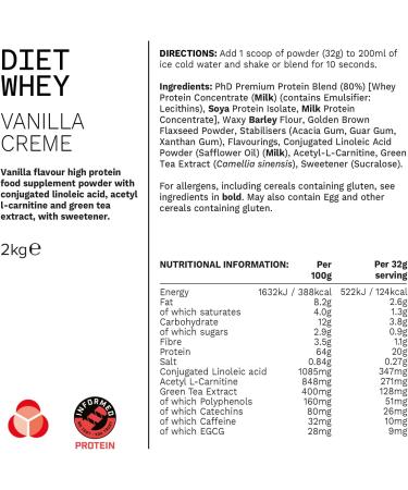 PhD Nutrition Diet Whey Protein Powder 2kg - Vanilla Cr me | Low Calorie, Low Carb, High Protein Formula | 80 Servings - Buy Online on GoSupps.com