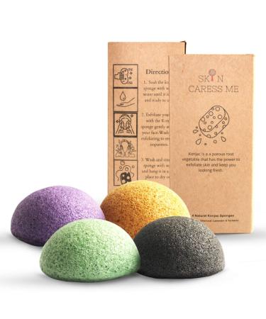 Organic Natural Facial Konjac Sponge and Face Scrubber - Buff Puff for Gentle Face Exfoliation Deep Pore Facial Cleansing Sponge – Aloe Vera, Activated Charcoal, Lavender, Turmeric – 4pc. Set
