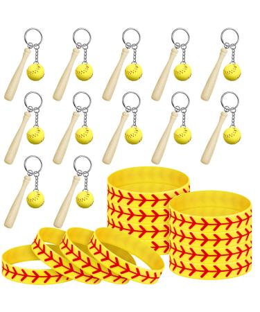 24 Pieces Softball Charms Set, Including 12 Pieces Yellow Softball Keychains with Wooden Bat and 12 Pieces Silicone Rubber Softball Bracelet for Sports Athletes Team School Souvenir Party Favors