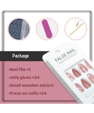Nude Pink Swirl Design Press on Nails | Medium Almond Fake Nails with Glitter Sequins | Marble Glossy Acrylic Nails for Women - Buy Online on GoSupps.com