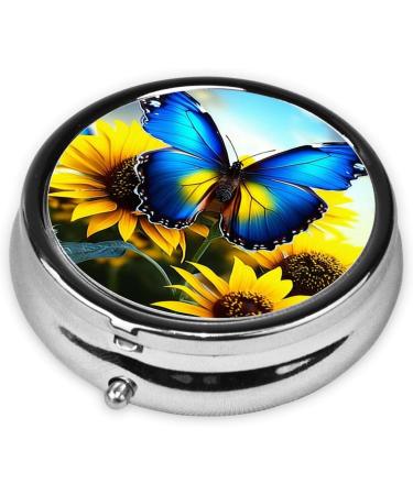 Sunflower Blue Butterfly Portable Metal Pill Box | Round Mini 3-Compartment | Ideal for Small Pills | Travel Essential - Buy Online on GoSupps.com