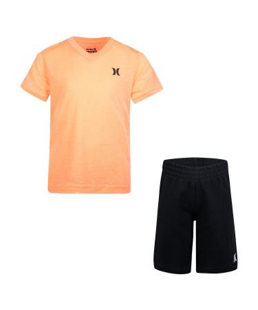 Hurley boys Soft Basic T-shirt and Shorts 2-piece Outfit Set 2T Bright Mango