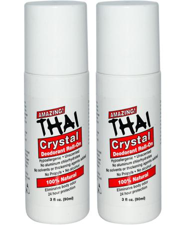 Thai Crystal Deodorant Stone All Natural Roll-On Deodorant For Body Face and Feet -- Unscented Aluminum Free & Organic With No Aluminum Solvents Parabens Propyls or Alcohol 3 fl oz. (Pack of 2)