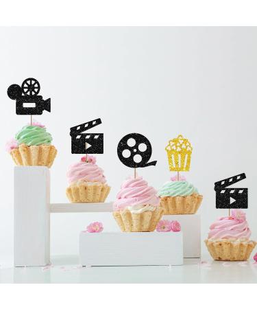 Set of 24 Movie Cupcake Toppers for Hollywood Theme Baby Shower Black & Gold Glitter Camera Popcorn Sign Cupcake Toppers Cake Decorations for Movie Night Party Supplies - Buy Online on GoSupps.com