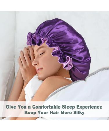 COOLCHI Satin Bonnet Cap Set for Women - Adjustable Silk Hair Wrap for Long Curly Hair - Khaki & Purple - Buy Online on GoSupps.com