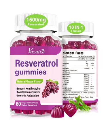High Purity Resveratrol Gummies 98% Trans-Resveratrol with Quercetin Coq 10 Vitamin C Reservatrol Supplement for Antioxidant Anti-Aging 120 Gummies 60 Count (Pack of 2)