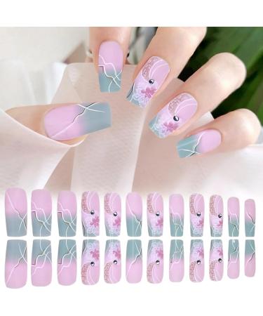 Acrylic Press On Nails False Nails Square Fake Nails with Glue Reusable Cute Press On Nails Gradient Flower Fake Nails with Designs Full Cover Medium Coffin - Buy Online on GoSupps.com