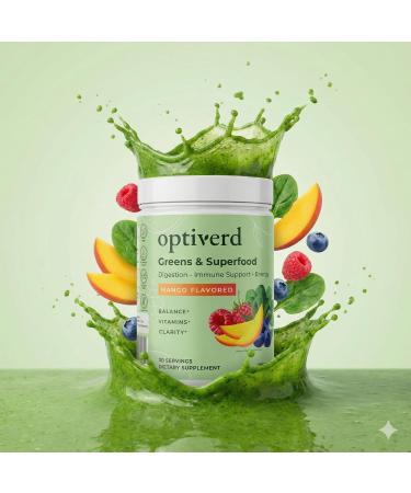 optiverd Greens Superfood Powder with Probiotics & Enzymes Detox Gut Health Energy & Immune Support Organic Vegan Gluten-Free 30 Servings Mango Flavor - Buy Online on GoSupps.com
