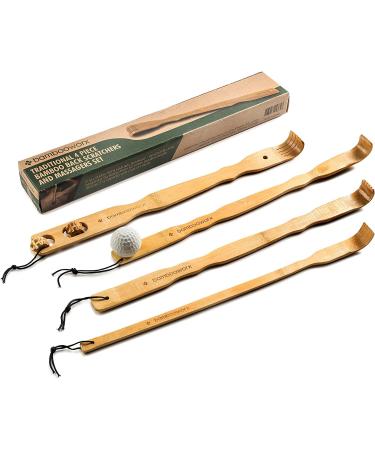 BambooWorx Traditional Bamboo Wooden Back Scratcher - 4 Piece Body Relaxation Massager Set for Men & Women - 17.5" Long Handle, Strong and Sturdy Itching Relief Back Scratchers - 100% Natural Wood
