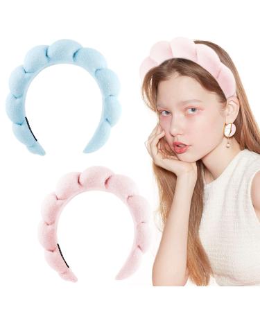 YOOLEETC Headband 2 Pack - Sponge & Terry Towel Cloth Fabric Head Band for Skincare Face Washing Makeup Removal Shower Hair Accessories - Pink & Blue