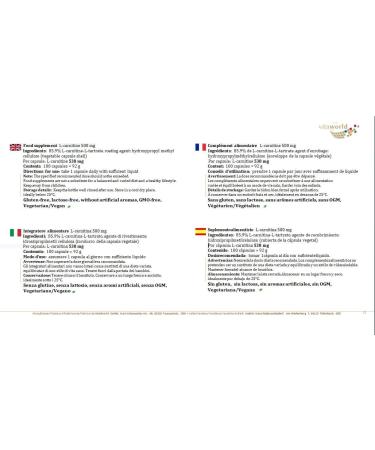 Vita World L-Carnitine 500mg 100 Capsules - Vegan/Vegetarian Formula, Made in Germany - Buy Online on GoSupps.com