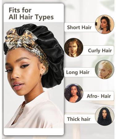 Satin Silk Hair Bonnet for Women | Double Layered Night Cap with Leopard Band | Curly Hair Wrap for Sleeping - Black - Buy Online on GoSupps.com
