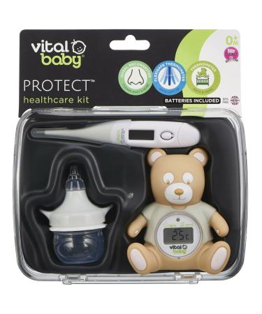 Vital Baby PROTECT Healthcare Kit for Baby - 3pcs Room and Bath Thermometer Nasal Aspirator Body Digital Thermometer Essential Newborn Baby Health and Safety
